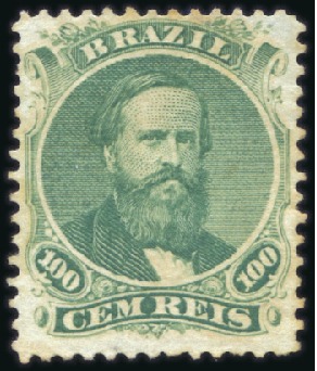 Stamp of Brazil 1866 Dom Pedro 100r green, original gum, type Ib o