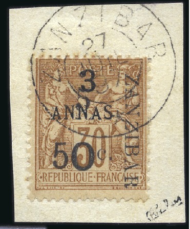 Stamp of Colonies françaises » Zanzibar (Poste française) 1897 5 et 50c sur 3a sur 30c, type IV, tirage 36, 