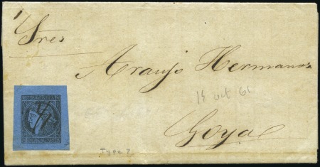 1856 Corrientes: 1 Real black on blue, attractive 