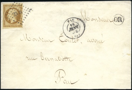 Stamp of France 1852 Présidence, sélection de 4 lettres: 10c bistr