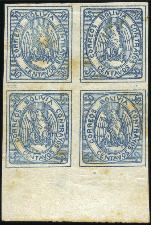 1868 50c Blue, mint bottom marginal block of four,