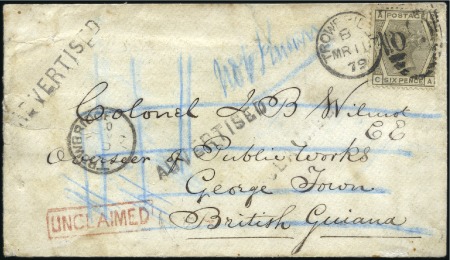 Stamp of Great Britain » 1855-1900 Surface Printed 1879 (Mar 11) Envelope to BRITISH GUIANA with 1873