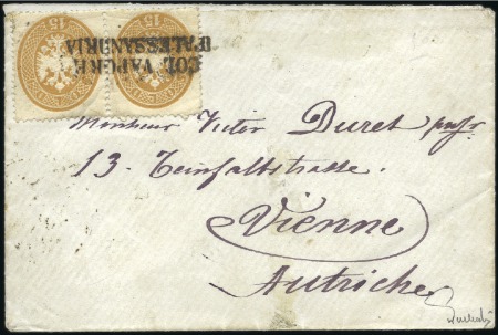 Stamp of Egypt » Austrian Post Offices 1863 15s brown in pair tied by "Col Vapore d'Aless