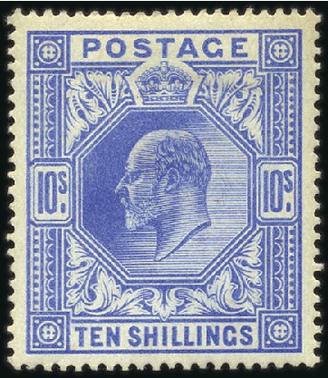 Stamp of Great Britain » King Edward VII 1902-10 10s De La Rue Ultramarine mint og, faint h
