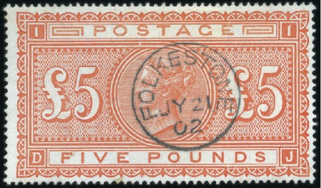 1867-83 £5 Orange DJ on white paper, neat Folkston