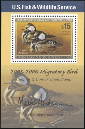 Stamp of United States » Duck Hunting Stamps 2005 $15 Hooded Mergansers min.sheet signed by Art