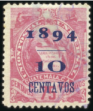 Stamp of Guatemala 1894 10c on 75c rose-pink, used, fine & extremely 