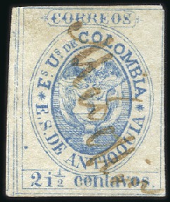 Stamp of Colombia » States - Antioquia 1868 2 1/2c blue, used with clear pen cancel, clos