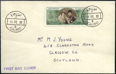 1938 King Farouk's Birthday £E1 on FDC tied by Cai
