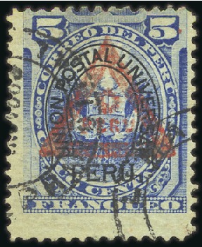 Stamp of Peru 1883 5c blue with black & red overprints, used, fi