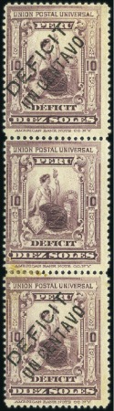 1902 1c on 10s violet, mint vertical strip of thre