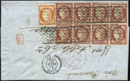 Stamp of France 1849 1F carmin en bloc de huit +40c orange obl. gr