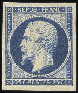 Stamp of France 1852 25c Présidence rare nuance bleu sur verdâtre,