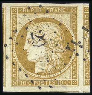 Stamp of France 1849 10c bistre-jaune avec 4 voisins, obl, superbe