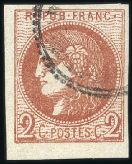 Stamp of France 1870 Bordeaux 2c rouge-brique coin de feuille, obl