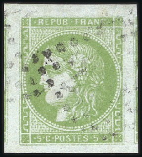 1870 Bordeaux 5c vert-gris avec deux voisins, TB, 