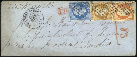 Stamp of France 1853-60 Empire ND 10c bistre +20c bleu +40c orange