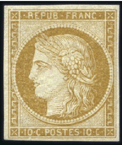 Stamp of France 1849 10c bistre-jaune, neuf, TB, signé JF.Brun, Ro