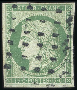 Stamp of France 1849 15c vert et vert foncé, obl., TB, signé Calve