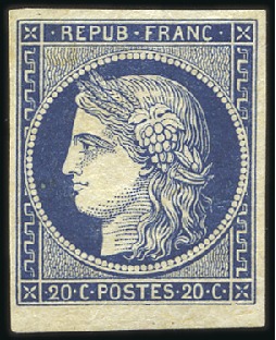Stamp of France 1849 20c bleu foncé, non émis, avec petit bdf, neu
