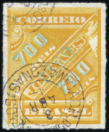 Stamp of Brazil 1898 700r on 700r yellow, used, very fine & scarce