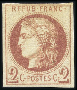 Stamp of France 1870 Bordeaux 2c impression fine de Tours, neuf, T