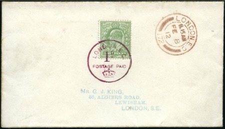 1912 (Feb 8) Envelope with KEVII 1/2d green tied b