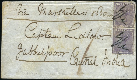1856 (Dec) Envelope to India with vert. pair of 18
