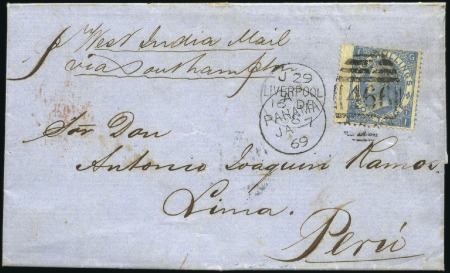 1869 (Jan 7) Entire to PERU with 1867-80 2s COBALT