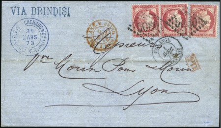 1873 Folded cover to France franked Ceres 80c pair