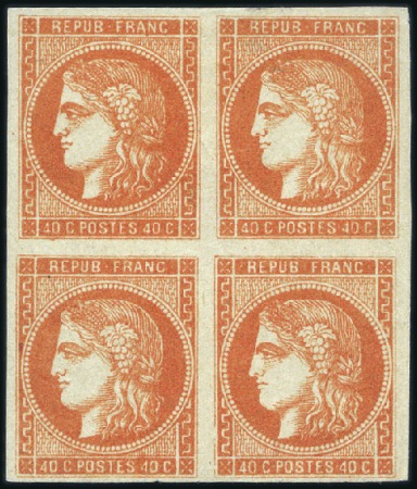 Stamp of France 1870 Bordeaux 40c orange bloc de 4 avec gomme, bel