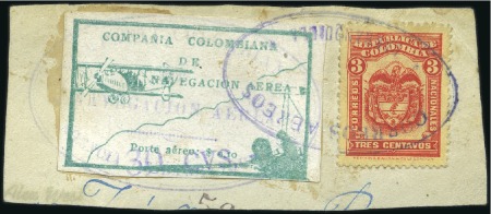 Stamp of Colombia 1920 Scadta '30 CVS' on 10c green tied on small fr