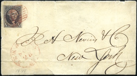 Stamp of United States 1847 10c black tied to cover by red grid alongside