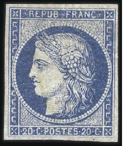 Stamp of France 1849 20c bleu, non émis, neuf sans gomme, TB, sign