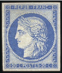 Stamp of France 1849 20c bleu, non émis, réimpression officielle d