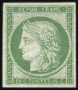 Stamp of France 1849 15c vert vif clair, réimpression officielle d