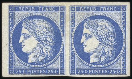 1849 25c bleu en paire avec petit bdf, réimpressio