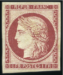 Stamp of France 1849 1F carmin, réimpression officielle de 1862, n