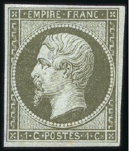 Stamp of France 1853-60 Empire ND 1c olive, neuf, TB