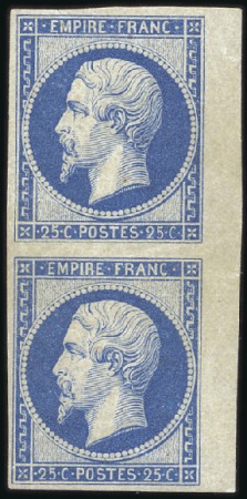Stamp of France 1853-60 Empire ND 25c bleu en paire bdf, réimpress