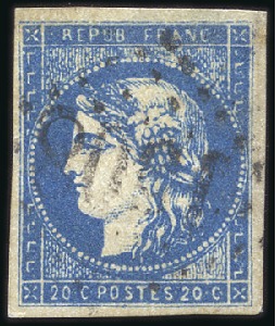 1870 Bordeaux 20c bleu Type I Report 1, obl., TB, 