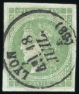 Stamp of France 1870 Bordeaux 5c vert, Report 2, obl. superbe nuan