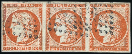 1849 40c orange vif en bande de trois, obl. DS2, b