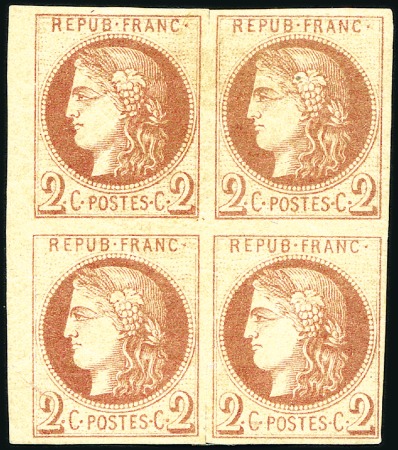 Stamp of France RARE SHADE IN BLOCK OF FOUR

1870 Bordeaux 2c di