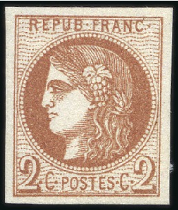 Stamp of France 1870 Bordeaux 2c Report 2, chocolat clair, bien ma