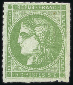 Stamp of France 1870 Bordeaux 5c Report 2, neuf, percé en ligne, T