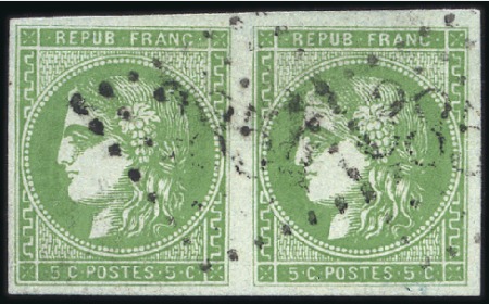 Stamp of France 1870 Bordeaux 5c Report 2, vert en paire obl. GC38