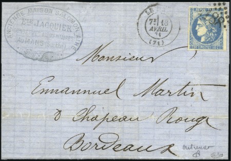 1870 Bordeaux 20c OUTREMER Type III Report 1 obl. 