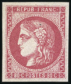 Stamp of France 1870 Bordeaux 80c rose, neuf, TB, signé Serrane