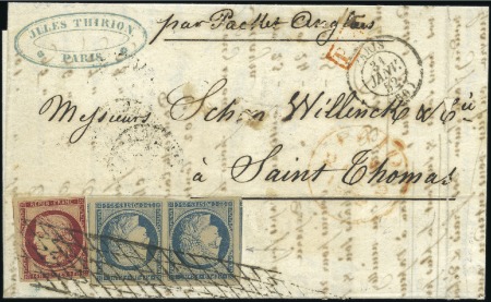 Stamp of France 1849 25c bleu en paire avec voisins +1F carmin sur